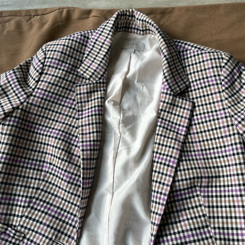 LOFT Women's Plaid Blazer - Black, White, and Purple